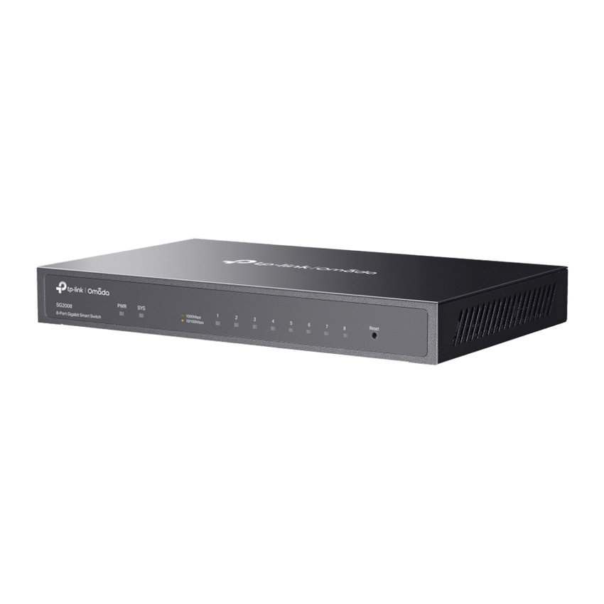 Switch Administrado Gigabit 8 Puertos / Omada SDN / 16 Gbps Capacidad Switching / Gestión Cloud y Local / VLAN / QoS / ACL / Sin Ventiladores / Montaje Pared-Escritorio