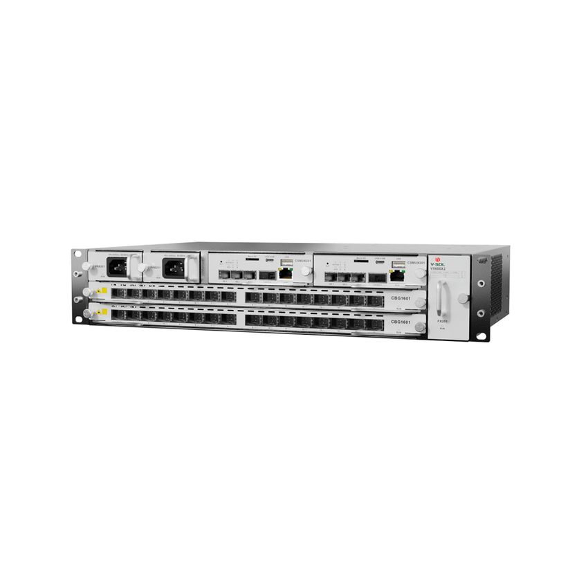 OLT Modular tipo Chasis GPON/XGS-PON Combo,1 Tarjeta de Servicio de 16 Puertos GPON, 2 Ranuras, 2 Fuentes de Alimentación AC, 2 UR