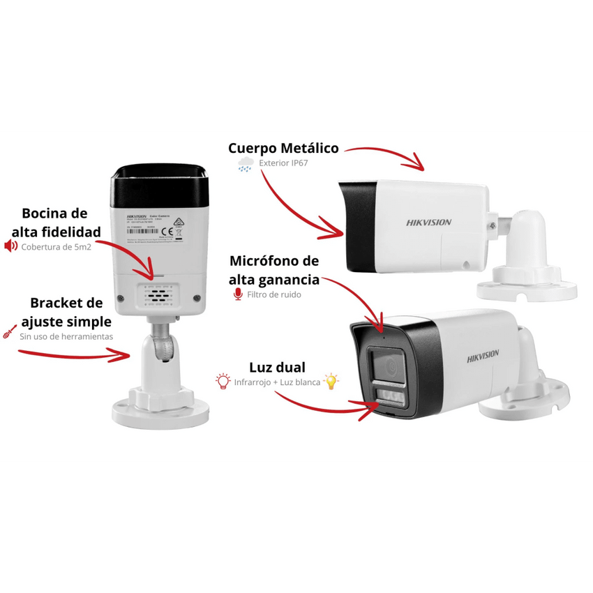 [Audio Bidireccional + Dual Light + ColorVu] Bala TURBOHD 3K  (5 Megapixel) / Lente 2.8 mm Angulo de vision 112° / 30 mts IR EXIR + 20 mts Luz Blanca / Micrófono y Bocina Integrado / Exterior IP67 / Metal / dWDR