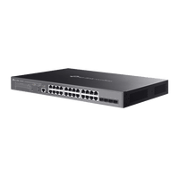 Switch Omada L3 SDN Administrable / 24 puertos PoE af/at Gigabit y 4 puertos SFP+ / Presupuesto PoE 720W / Funciones RIP, VRRP, Servidor DHCP / Administración centralizada OMADA / Fuente Redundante