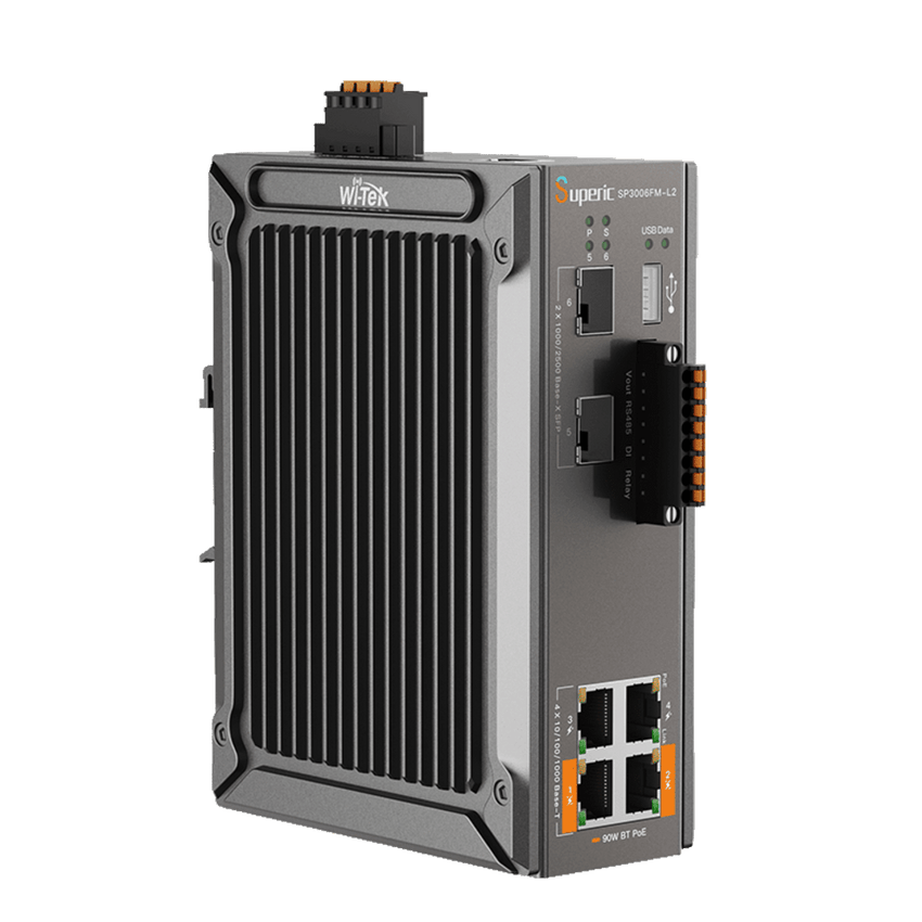Switch Industrial Administrable / Gigabit con 2 Puertos PoE bt / 2 Puertos PoE af/at / 2 SFP Gigabit / Soporta RS485 / Presuepuesto PoE 128W