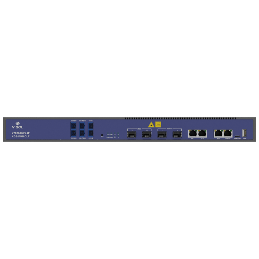 OLT Dual de 2 Puertos XGSPON/GPON con WDM Integrado/ 4 Puertos Uplink (2 Puerto Gigabit RJ45 + 2 Puertos SFP/SFP+) / Hasta 512 ONUs