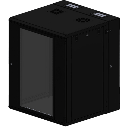 Gabinete Rack / 16 Unidades Rack (UR) / Puerta Cristal Templado / Montaje Pared / Acero Calibres 18-22 / Abatible 120° / Ventilación 120 mm