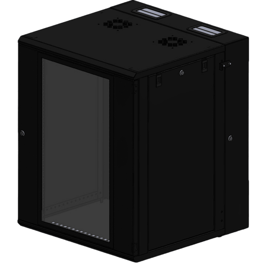 Gabinete Rack / 16 Unidades Rack (UR) / Puerta Cristal Templado / Montaje Pared / Acero Calibres 18-22 / Abatible 120° / Ventilación 120 mm