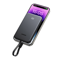 Power Bank 10000mAh con Cable Integrado 20W / Puerto USB-C PD3.0 PPS / Puerto USB-A SCP 22.5W / Batería Polímero Litio / Protecciones Múltiples / Indicador Digital / Material V-0