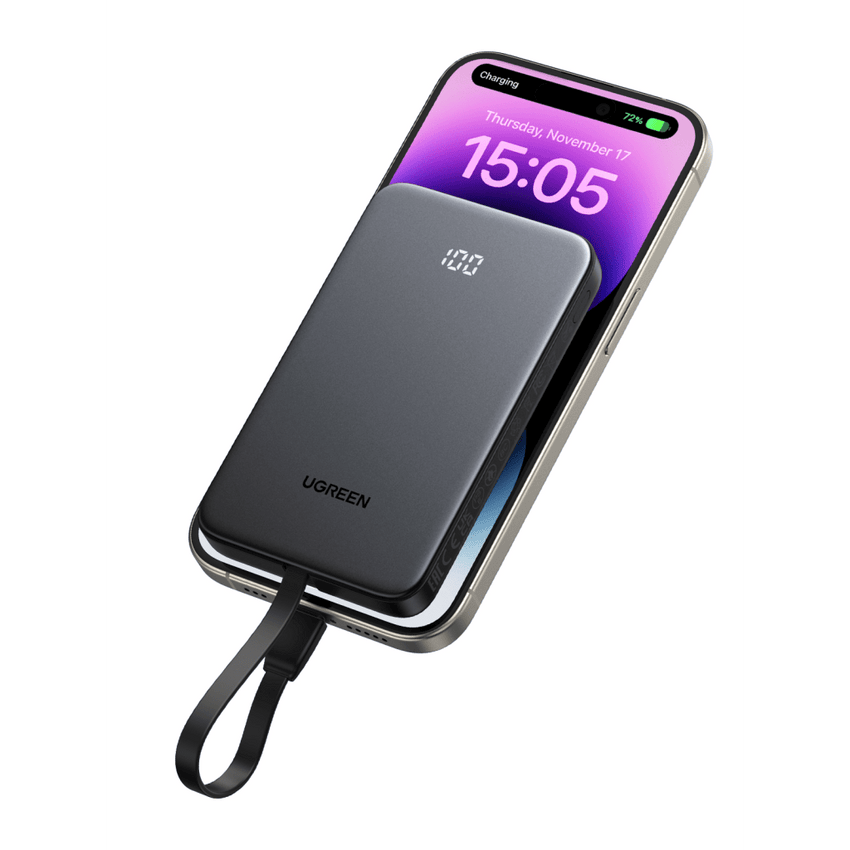 Power Bank 10000mAh con Cable Integrado 20W / Puerto USB-C PD3.0 PPS / Puerto USB-A SCP 22.5W / Batería Polímero Litio / Protecciones Múltiples / Indicador Digital / Material V-0