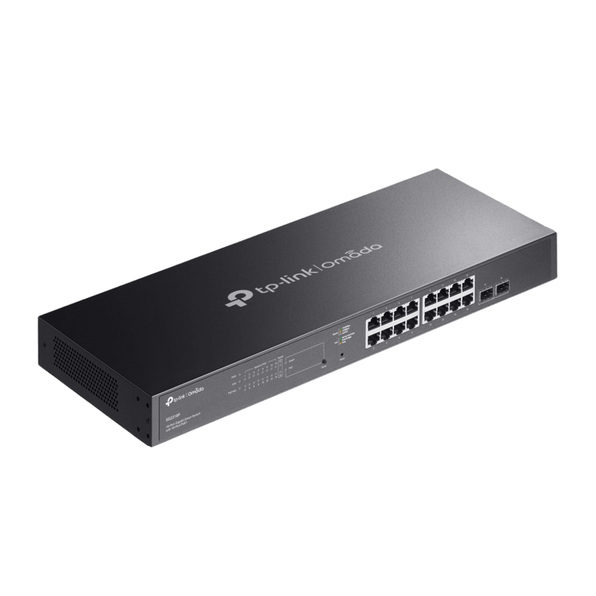 Switch Smart Omada 18 Puertos Gigabit / 16 Puertos PoE+ 802.3af/at / 2 Ranuras SFP Gigabit / Presupuesto PoE 150 W / Switching 36 Gbps / Enrutamiento Estático L2+ / Gestión Cloud SDN / Fanless / Montable en Rack