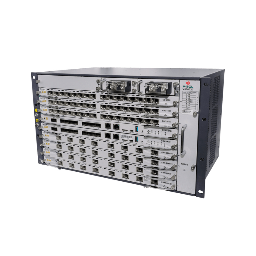 OLT Modular tipo Chasis GPON/XGS-PON Combo, 7 Ranuras de Servicio, Incluye 1 Tarjeta de Servicio de 16 puertos GPON