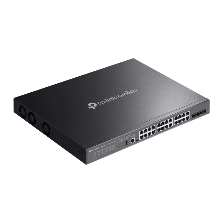 Switch Omada L3 SDN Administrable / 24 puertos PoE af/at Gigabit y 4 puertos SFP+ / Presupuesto PoE 720W / Funciones RIP, VRRP, Servidor DHCP / Administración centralizada OMADA / Fuente Redundante