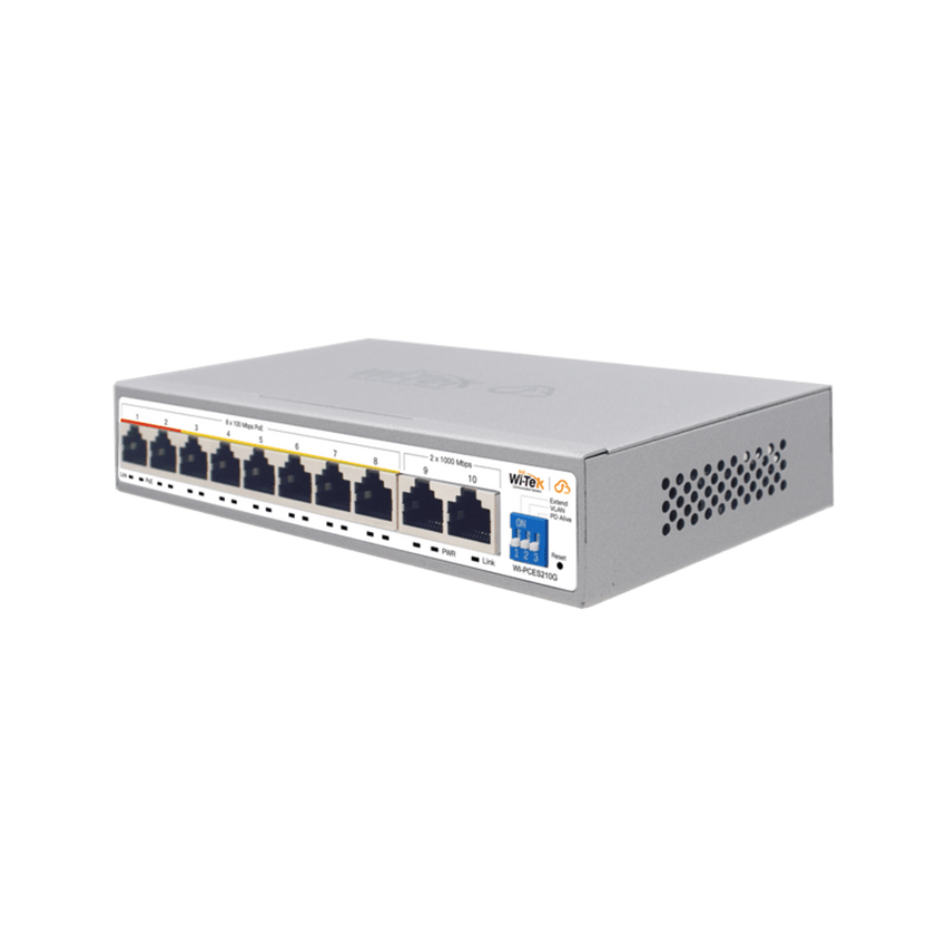 Switch PoE / Administración en la nube / Con 8 puertos 10/100 Mbsp PoE af/at / 2 Puertos Uplink 10/100/1000 Mbps /  Presupuesto 100 W / PoE hasta 250 metros / Soporta protocolo ONVIF