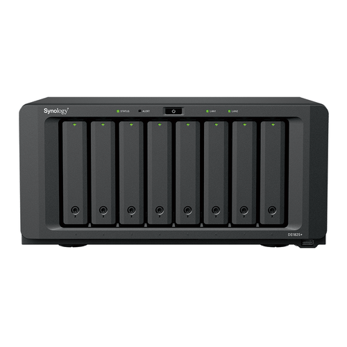 NAS DiskStation DS1825+ | 8 Bahías | AMD Ryzen V1500B | 8 GB DDR4 ECC | Hasta 2,239 MB/s Lectura | 2 Puertos 2.5GbE | Expansión PCIe 3.0 | Compatible con 10GbE y 25GbE | Caché SSD M.2 | Synology DSM.