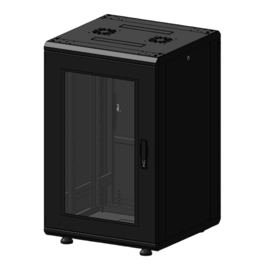Gabinete Rack 19 Pulgadas / 18 Unidades / Piso / Puerta de Cristal / Acero Calibres 16-18-20 / Capacidad 750 kg (1653.5 lb) / Dimensiones 60 cm (23.6 in) x 93 cm (36.6 in) x 46 cm (18.1 in)