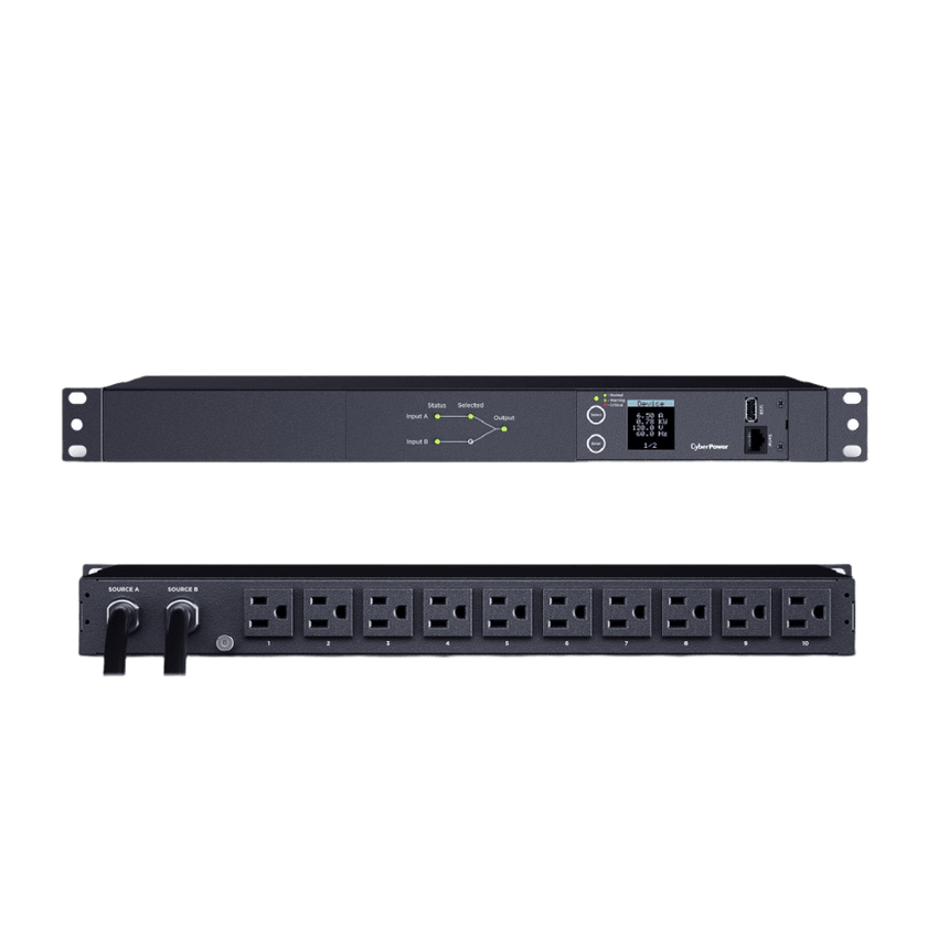 PDU ATS (Fuente Redundante Auto-transferible) Medible, Para Distribución de Energía, 2 Entradas 120 Vca NEMA5-15P, Con 10 Salidas NEMA 5-15R, Horizontal 19in, 1UR
