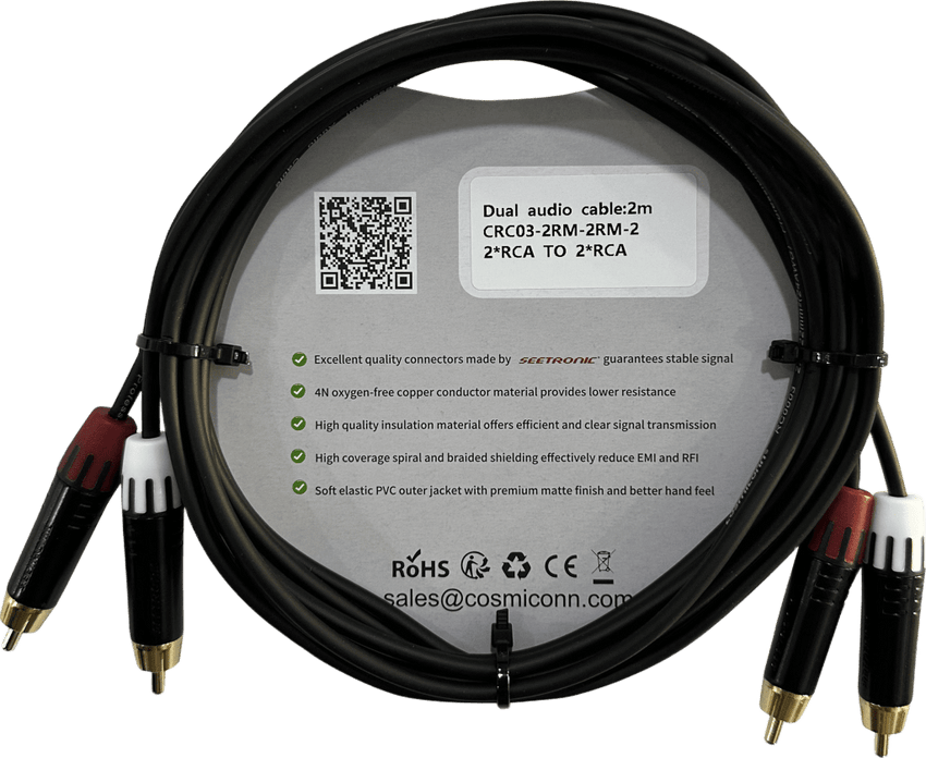Cable 2 RCA x 2 RCA, conectores negros, con diferenciador de blanco y rojo (2x MT380-RD - 2x MT380-WH), length 2m