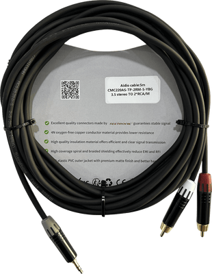 Cable 3.5mm a 2 RCA, conectores negros, con diferenciador de blanco y rojo en RCA MT380-RD - MT380-WH - MTP3C-BG, length 5m