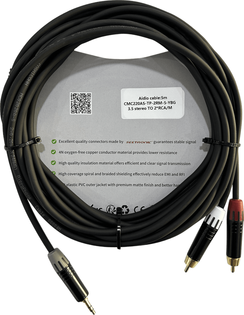 Cable 3.5mm a 2 RCA, conectores negros, con diferenciador de blanco y rojo en RCA MT380-RD - MT380-WH - MTP3C-BG, length 5m