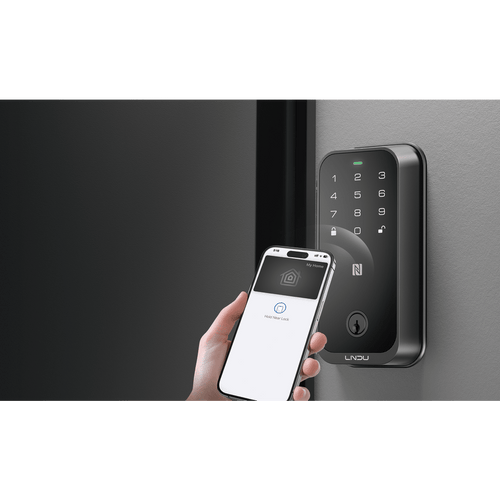 Cerradura Inteligente con Huella Digital LNDU HK01W / WiFi Integrado / Compatible Apple HomeKit / Teclado Táctil / 8 Baterías AA / Escaneo iPhone-Apple Watch-Fob / Bloqueo Manual y Automático / Exterior IP54