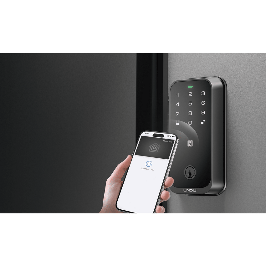 Cerradura Inteligente con Huella Digital LNDU HK01W / WiFi Integrado / Compatible Apple HomeKit / Teclado Táctil / 8 Baterías AA / Escaneo iPhone-Apple Watch-Fob / Bloqueo Manual y Automático / Exterior IP54