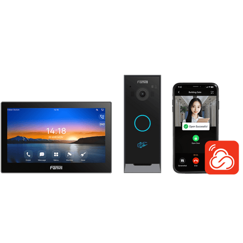 Kit Videoportero IP / Estación Interior i504W + Frente de Calle i60 / Pantalla Táctil 7" HD / Videollamadas H.264/H.265 / Wi-Fi Dual Band / PoE / App Fanvil Link / ONVIF / 10,000 Tarjetas RFID