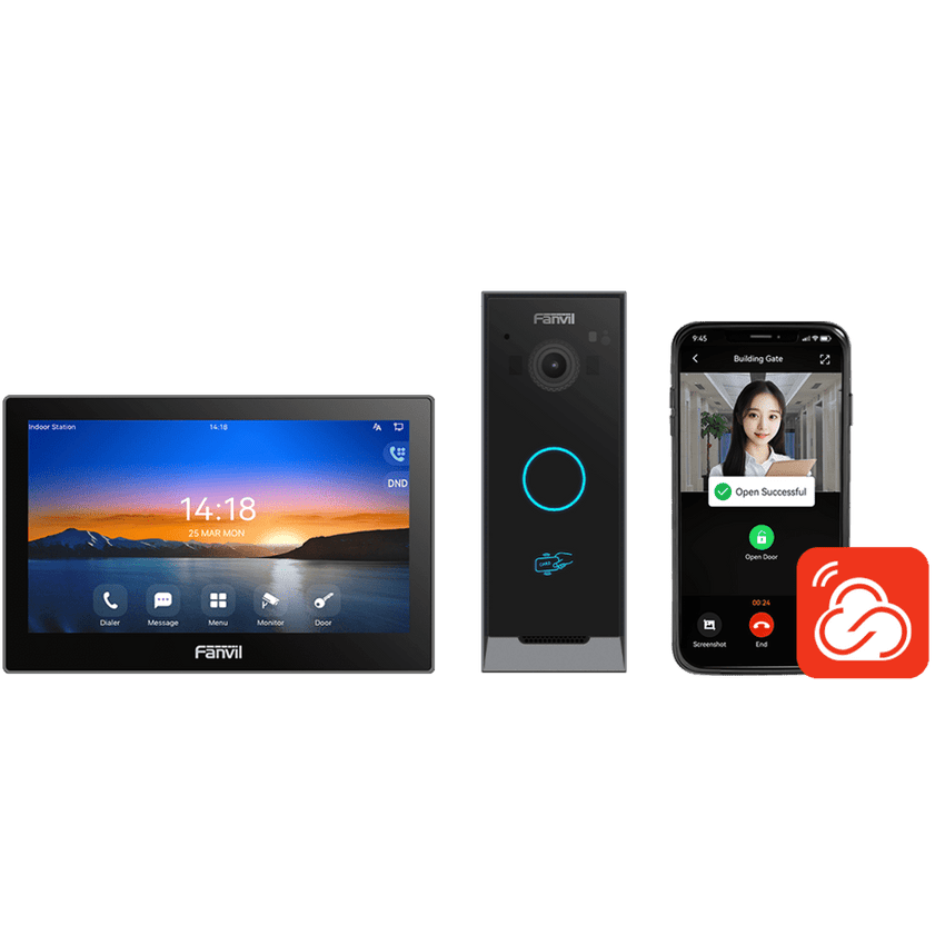Kit Videoportero IP / Estación Interior i504W + Frente de Calle i60 / Pantalla Táctil 7" HD / Videollamadas H.264/H.265 / Wi-Fi Dual Band / PoE / App Fanvil Link / ONVIF / 10,000 Tarjetas RFID