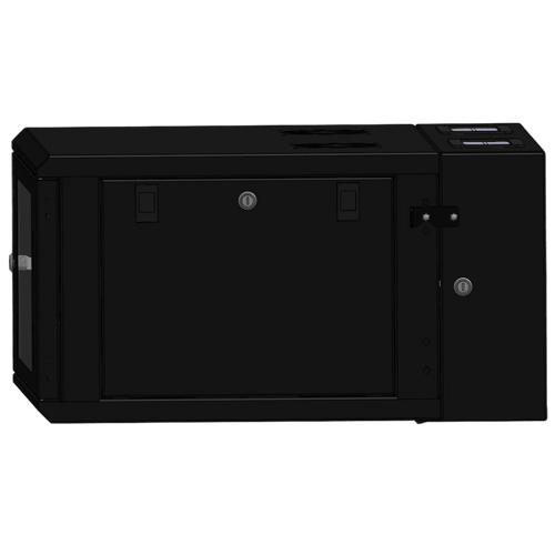 Gabinete Rackeable / 06 Unidades / Pared 19 Pulgadas / Puerta de Cristal / Pintura Electroestática Negro / Abatible 120° / Ventilación 120 mm