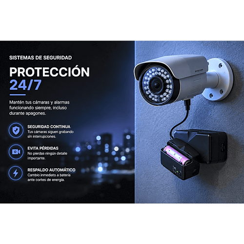 UPS de CD 25 W / Entrada 120 Vca / Salida 12 Vcd / Clavija NEMA 5-15P de entrada / Batería de Litio