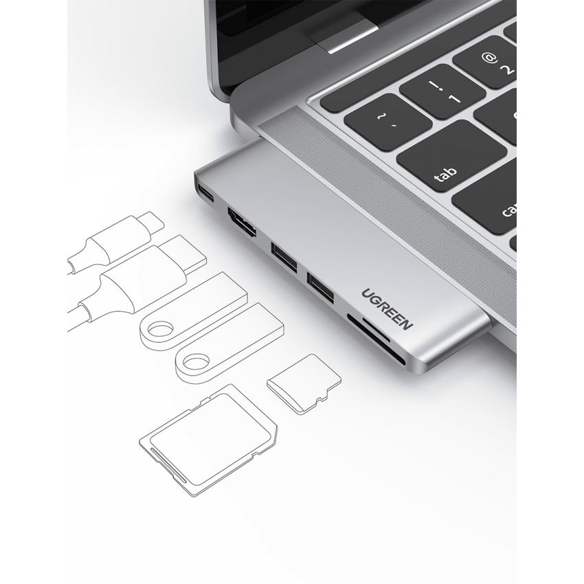 Hub USB-C 6 en 1 / 2xUSB-A 3.0 (5Gbps) / HDMI 4K@30Hz / Puerto PD 100W / Lector SD+MicroSD / Aluminio / Compatible Thunderbolt 3 / Compacto 110x29x8.5mm