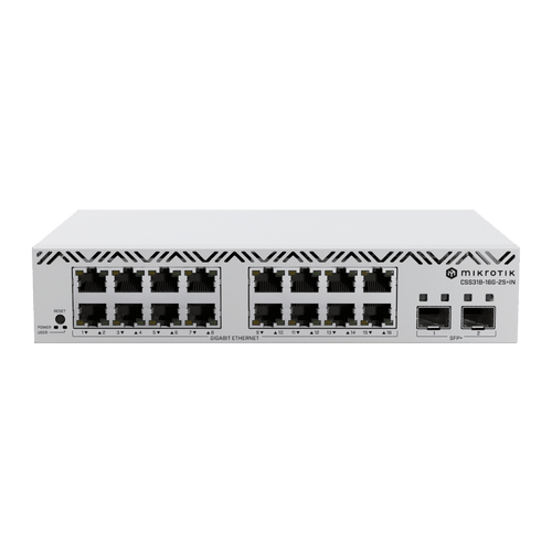 Switch MikroTik con 16 Puertos Gigabit Ethernet / 2 Puertos SFP+ 10G / Filtrado MAC y VLANs / SwOS Configuración Web