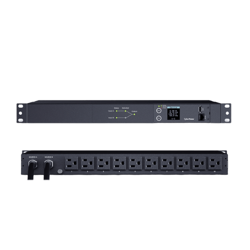 PDU ATS (Fuente Redundante Auto-transferible) Medible, Para Distribución de Energía, 2 Entradas 120 Vca NEMA5-15P, Con 10 Salidas NEMA 5-15R, Horizontal 19in, 1UR