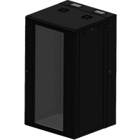 Gabinete Rackeable 24 UR / 19 Pulgadas / Puerta de Cristal / Acero Calibres 18 y 22 / Montaje en Pared / Capacidad de Carga 80 Kg / Pintura Electroestática Negra / Abatible 120° / Laterales Removibles