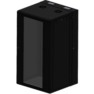 Gabinete Rackeable 24 UR / 19 Pulgadas / Puerta de Cristal / Acero Calibres 18 y 22 / Montaje en Pared / Capacidad de Carga 80 Kg / Pintura Electroestática Negra / Abatible 120° / Laterales Removibles