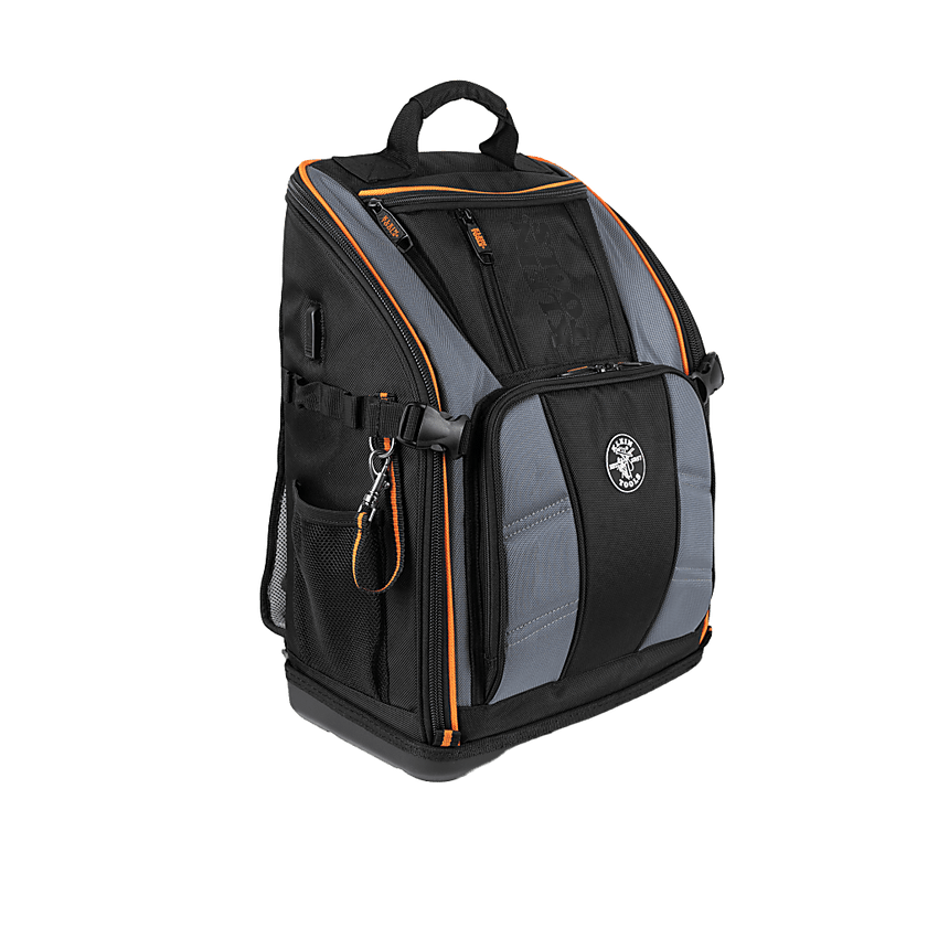 Mochila Profesional para Herramientas / 27 Bolsillos / Acceso Rápido y Estación de Trabajo / Base Moldeada Ancha / Interior Naranja / USB-C / Soporte para Lámpara