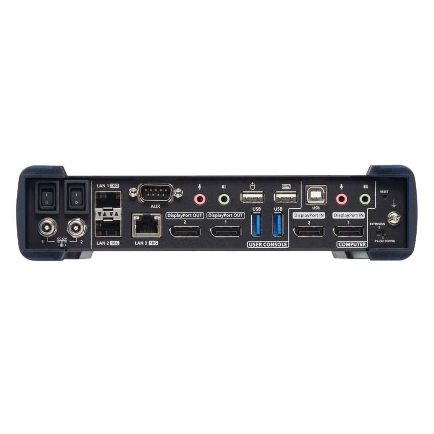 Receptor KVM sobre IP Dual Display 5K DisplayPort | Transmisión sin Pérdidas Cero Latencia | Resolución 5120x2880 @ 30Hz | Dual SFP+ 10Gbps hasta 10 km | Redundancia de Energía y Red | Encriptación AES-256 | Compatibilid