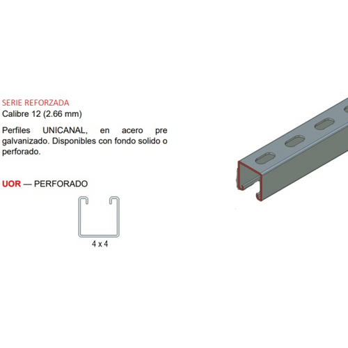 Unicanal Perforado Rojo 4 x 4 cm x 3 m / Calibre 12.