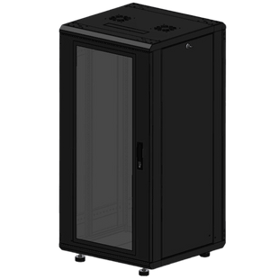 Gabinete Rackeable 19 Pulgadas / 24 Unidades / Piso / Puerta de Cristal / Acero Calibres 16-18-20 / Capacidad 750 Kg / Dimensiones 600x605x1190 mm (23.6x23.8x46.9 in) / Ventilación 120 mm / Cerradura