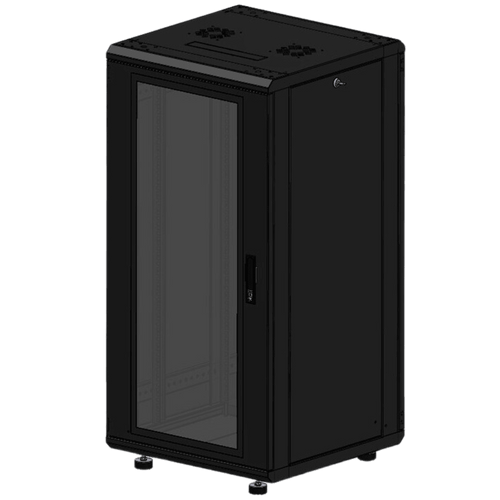 Gabinete Rackeable 19 Pulgadas / 24 Unidades / Piso / Puerta de Cristal / Acero Calibres 16-18-20 / Capacidad 750 Kg / Dimensiones 600x605x1190 mm (23.6x23.8x46.9 in) / Ventilación 120 mm / Cerradura