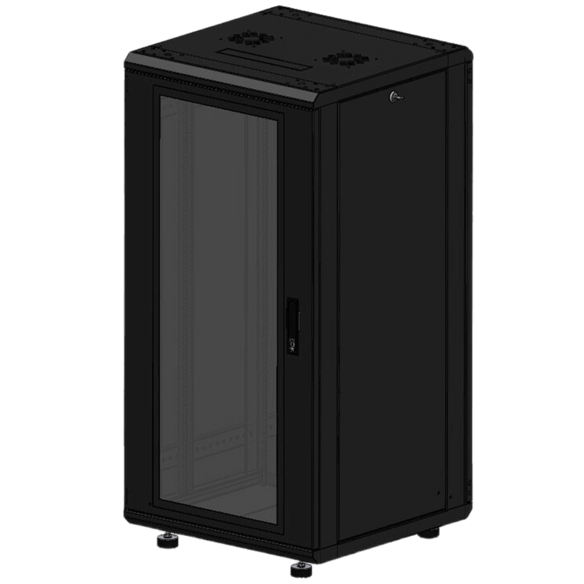 Gabinete Rackeable 19 Pulgadas / 24 Unidades / Piso / Puerta de Cristal / Acero Calibres 16-18-20 / Capacidad 750 Kg / Dimensiones 600x605x1190 mm (23.6x23.8x46.9 in) / Ventilación 120 mm / Cerradura