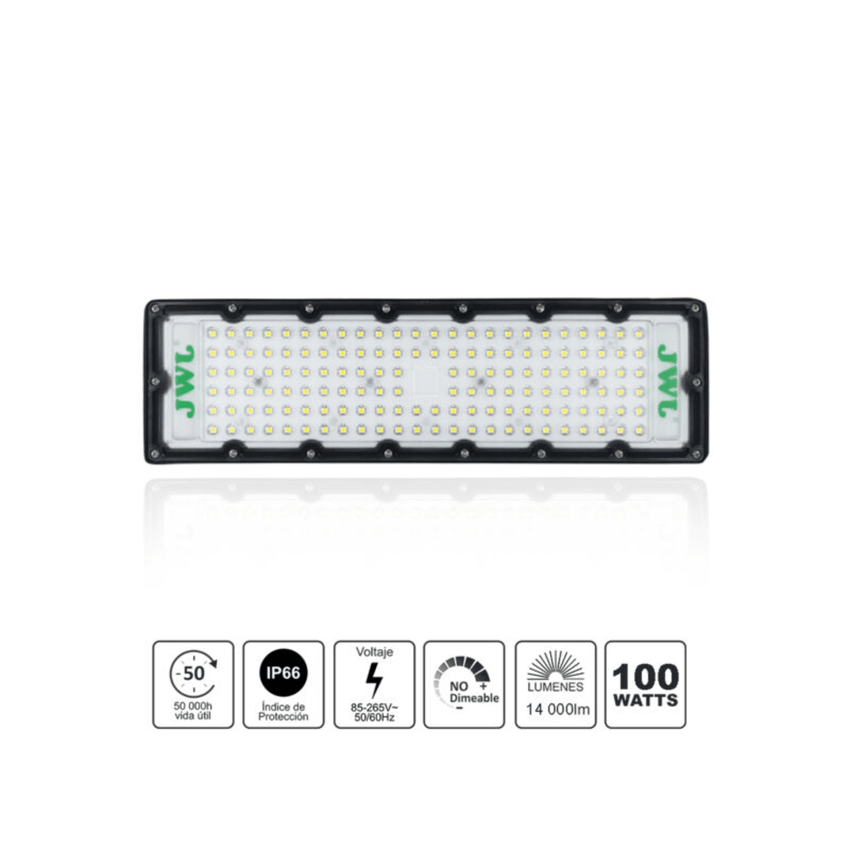 Reflector LED 100 W /350 x 100 mm / 85 - 265 Vca~ 50/60Hz / TCC 6 500 K / Uso en exterior.