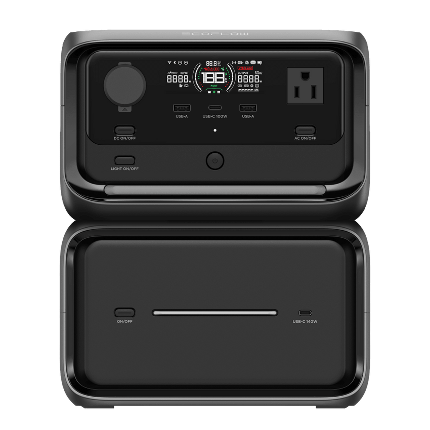EcoFlow River 3 | Estación de Energía Portátil 858Wh Litio LFP / 2 AC 300 W (Max. 550W) / 1 USB-C 100W / 2 USB -A 12W / Cargador de Coche 8A a 12 o 24V / Conectividad WiFi y Bluetooth (App) / Carga Solar 110W Max.