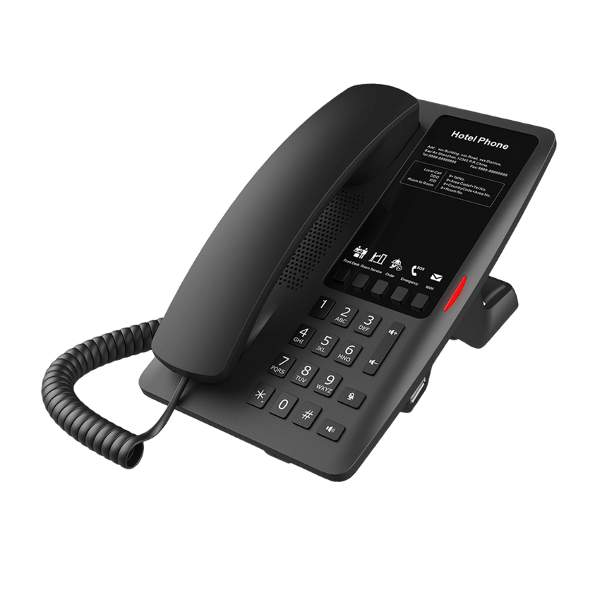 Teléfono IP Hotelero Wi-Fi 6 / 2 Líneas SIP / Doble Banda 2.4/5 GHz / 5 Teclas Programables / Puerto USB-A / PoE 802.3af / Diseño Negro