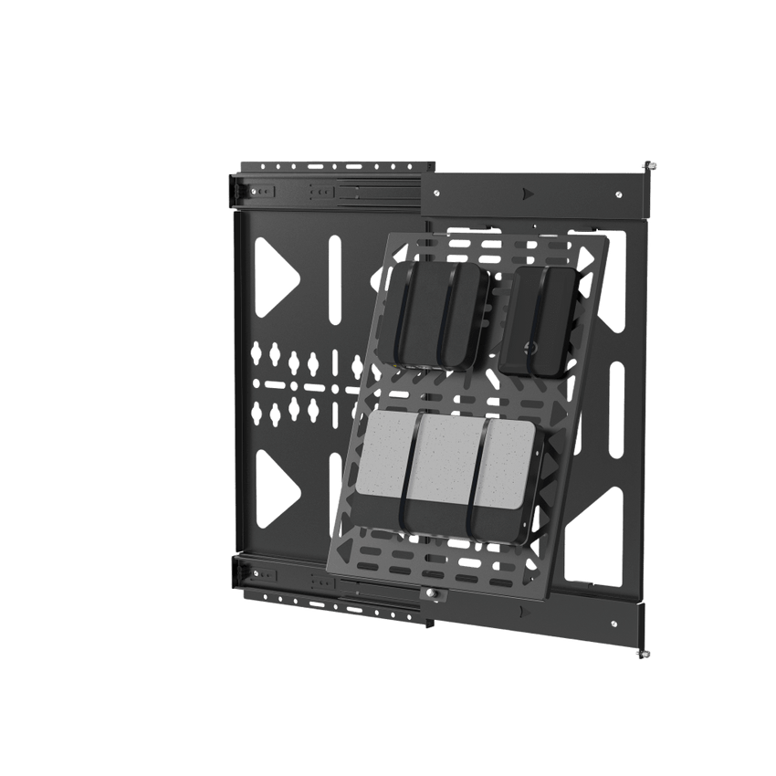 Montaje Deslizante de Almacenamiento AV | Capacidad de Carga 10 kg (22 lbs) | Rango de Deslizamiento 300 mm | Fabricado en Acero | Sistema de Sujeción Quick-Release sin Herramientas