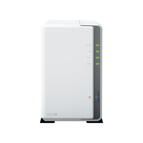 NAS DiskStation DS223j | 2 Bahías | CPU Realtek RTD1619B 1.7 GHz | 1 GB DDR4 | Puerto 1GbE RJ-45 | USB 3.2 Gen 1 | Compatible con HDD y SSD | Synology DSM | RAID 0, 1, JBOD | SMB, AFP, NFS, FTP | Vigilancia IP