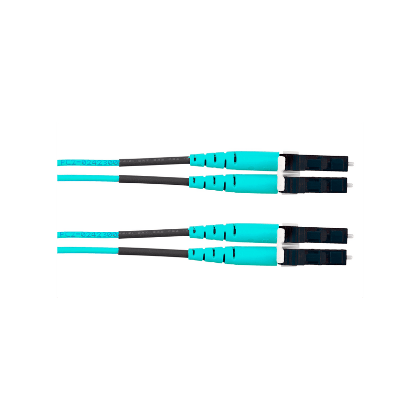 Jumper de Fibra Optica Multimodo 50/125 OM4, LC-LC Duplex, OFNR (Riser), Color Aqua, 30 Metros (98.43 Pies)