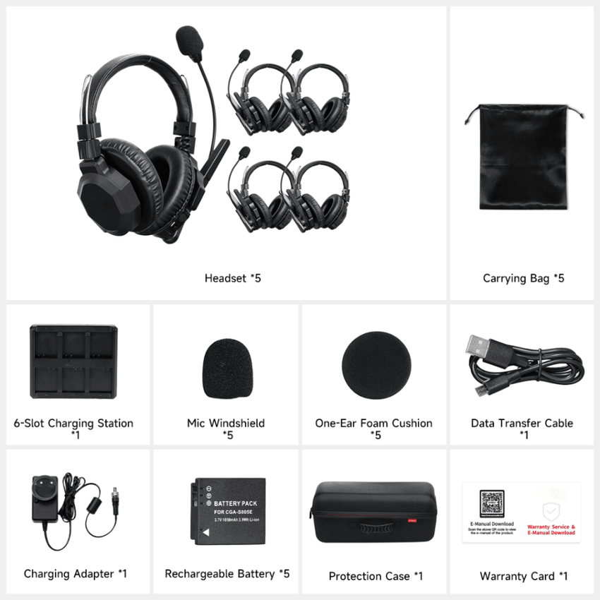 Intercomunicador Inalámbrico Binaural / Cancelación de Ruido IA / Rango 500 m (1640 ft) / Bluetooth / Batería 1050mAh / Resistente a Lluvia / Kit 5 Unidades
