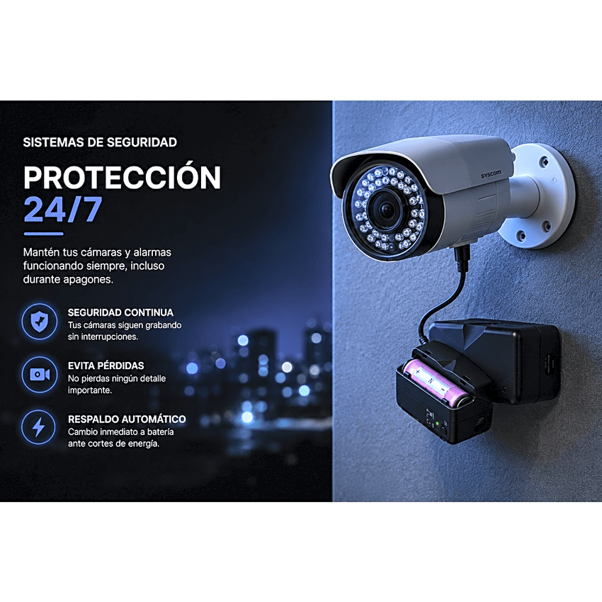 UPS de CD 25 W / Entrada 120 Vca / Salida 12 Vcd / Clavija NEMA 5-15P de entrada / Batería de Litio
