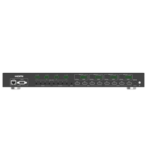 Switch de Video Matrix 4x4 HDMI 2.0 | 18Gbps Ancho de Banda | 4K2K@60Hz Resolución | 4 Entradas 4 Salidas HDMI | Audio LPCM y Dolby Digital | Control TCP-IP y RS-232 | Conectores Phoenix para Audio | Metal Enclosure