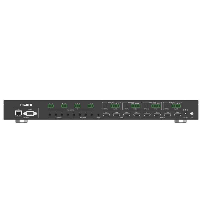 Switch de Video Matrix 4x4 HDMI 2.0 | 18Gbps Ancho de Banda | 4K2K@60Hz Resolución | 4 Entradas 4 Salidas HDMI | Audio LPCM y Dolby Digital | Control TCP-IP y RS-232 | Conectores Phoenix para Audio | Metal Enclosure