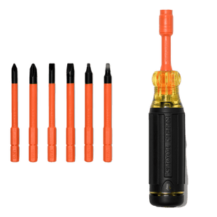Destornillador Aislado 6-en-1 Auto-Lock / Aislado 1000V CAT III / Almohadilla de agarre / Almacenamiento de brocas integrado / Bits Philips #1 #2 / Slotted 3/16" 1/4" / Square #1 #2