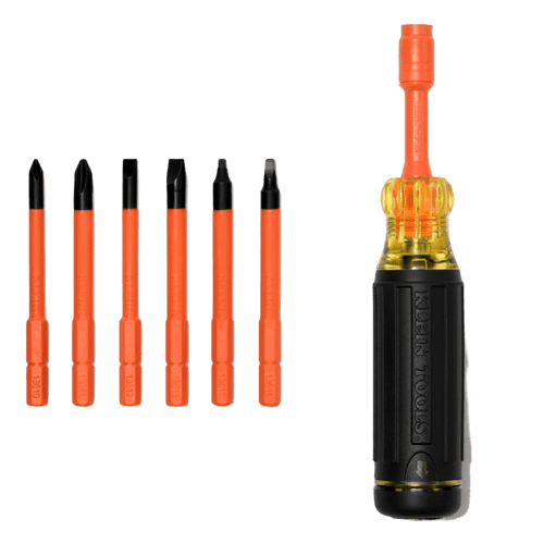 Destornillador Aislado 6-en-1 Auto-Lock / Aislado 1000V CAT III / Almohadilla de agarre / Almacenamiento de brocas integrado / Bits Philips #1 #2 / Slotted 3/16" 1/4" / Square #1 #2