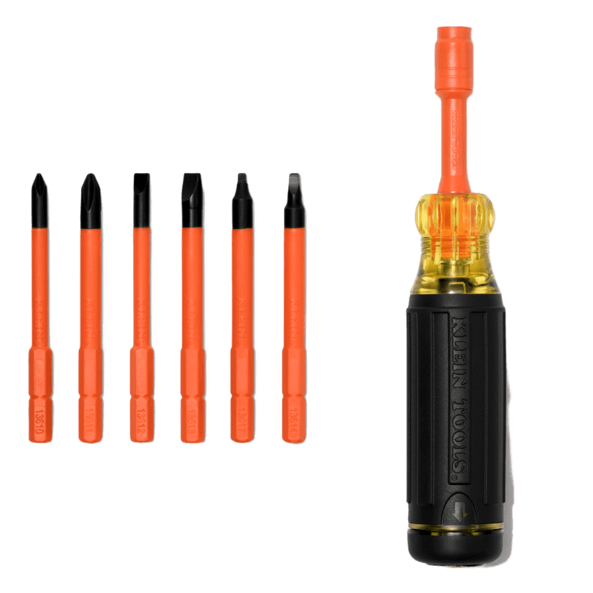 Destornillador Aislado 6-en-1 Auto-Lock / Aislado 1000V CAT III / Almohadilla de agarre / Almacenamiento de brocas integrado / Bits Philips #1 #2 / Slotted 3/16" 1/4" / Square #1 #2